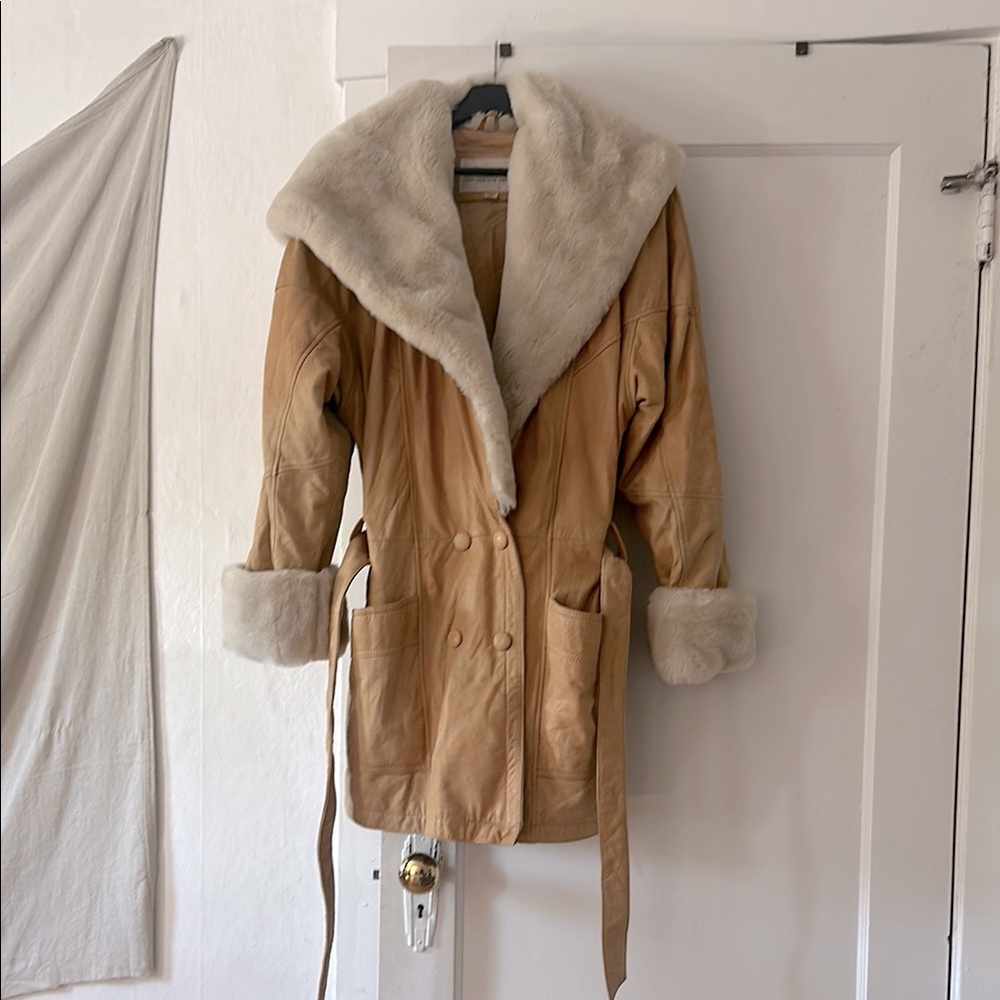 Luxurious Tan Fur-Trimmed, Buttery Leather Coat